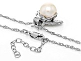 White Cultured Freshwater Pearl with White Zircon & Lab Blue Sapphire Rhodium Over Silver Necklace
