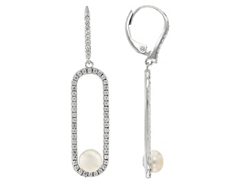 Picture of White Cultured Freshwater Pearl and White Zircon Rhodium Over Sterling Silver Earrings