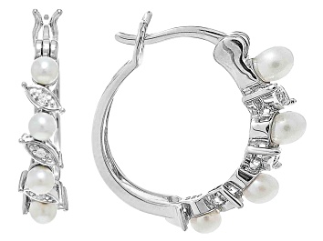 Picture of White Cultured Freshwater Pearl and White Zircon Rhodium Over Sterling Silver Hoop Earrings