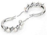 White Cultured Freshwater Pearl and White Zircon Rhodium Over Sterling Silver Hoop Earrings