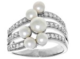 White Cultured Freshwater Pearl and White Zircon Rhodium Over Sterling Silver Ring