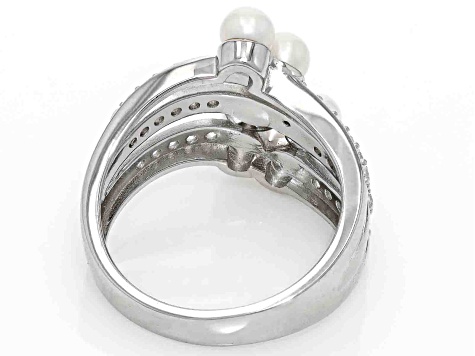 White Cultured Freshwater Pearl and White Zircon Rhodium Over Sterling Silver Ring