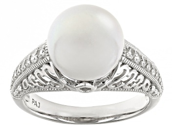 Picture of White Cultured Freshwater Pearl and White Zircon Rhodium Over Sterling Silver Ring