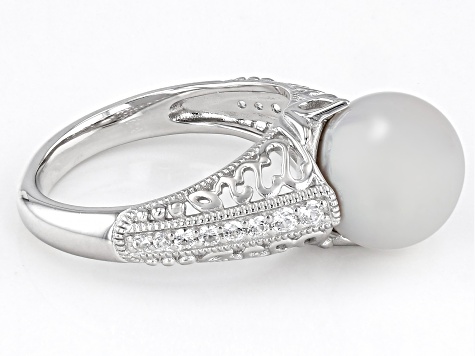 White Cultured Freshwater Pearl and White Zircon Rhodium Over Sterling Silver Ring