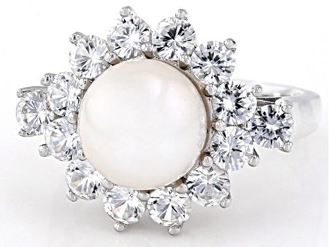 White Cultured Freshwater Pearl and White Zircon Rhodium Over Sterling Silver Halo Ring