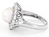 White Cultured Freshwater Pearl and White Zircon Rhodium Over Sterling Silver Halo Ring