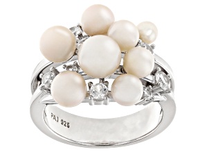 White Cultured Freshwater Pearl and White Zircon Rhodium Over Sterling Silver Cluster Ring