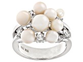 White Cultured Freshwater Pearl and White Zircon Rhodium Over Sterling Silver Cluster Ring