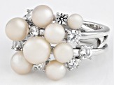 White Cultured Freshwater Pearl and White Zircon Rhodium Over Sterling Silver Cluster Ring