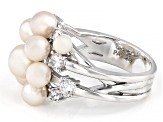 White Cultured Freshwater Pearl and White Zircon Rhodium Over Sterling Silver Cluster Ring