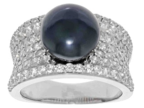 Black Cultured Freshwater Pearl and White Zircon Rhodium Over Sterling Silver Ring