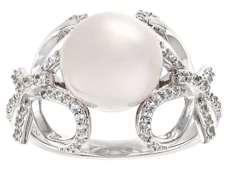 White Cultured Freshwater Pearl and White Zircon Rhodium Over Sterling Silver Bow Ring