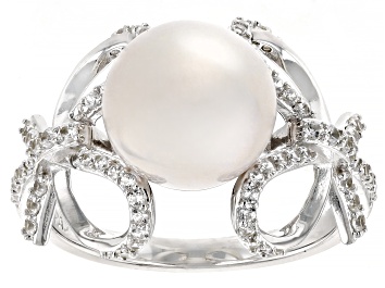 Picture of White Cultured Freshwater Pearl and White Zircon Rhodium Over Sterling Silver Bow Ring