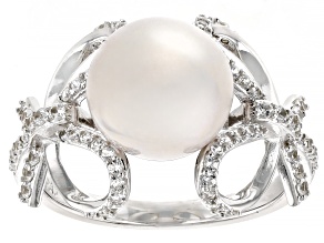 White Cultured Freshwater Pearl and White Zircon Rhodium Over Sterling Silver Bow Ring