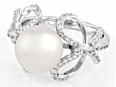 White Cultured Freshwater Pearl and White Zircon Rhodium Over Sterling Silver Bow Ring