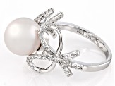 White Cultured Freshwater Pearl and White Zircon Rhodium Over Sterling Silver Bow Ring