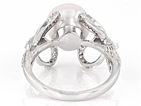 White Cultured Freshwater Pearl and White Zircon Rhodium Over Sterling Silver Bow Ring