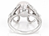 White Cultured Freshwater Pearl and White Zircon Rhodium Over Sterling Silver Bow Ring