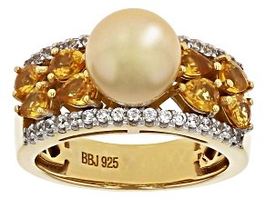 Golden Cultured South Sea Pearl with Yellow Sapphire & White Zircon 18k Yellow Gold Over Silver Ring