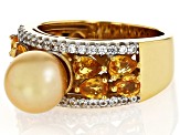 Golden Cultured South Sea Pearl with Yellow Sapphire & White Zircon 18k Yellow Gold Over Silver Ring