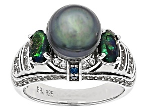 Cultured Tahitian Pearl, Ethiopian Opal, Blue Diamond and White Zircon Rhodium Over Silver Ring