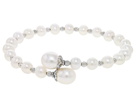 White Cultured Freshwater Pearl Rhodium Over Sterling Silver Wrap Bracelet