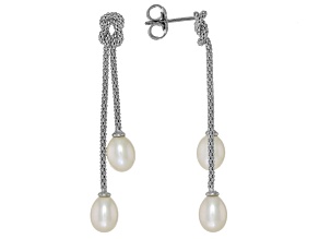 White Cultured Freshwater Pearl Rhodium Over Sterling Silver Dangle Rope Earrings