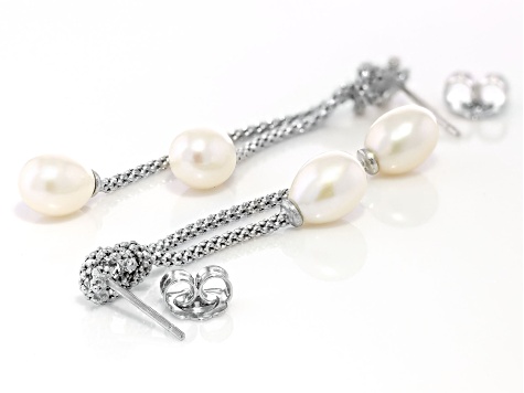 White Cultured Freshwater Pearl Rhodium Over Sterling Silver Dangle Rope Earrings