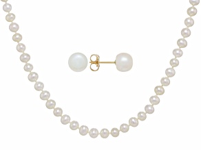White Cultured Freshwater Pearl 14k Yellow Gold Necklace and Earrings Set
