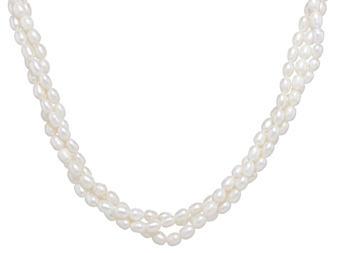 White Cultured Freshwater Pearl Rhodium Over Sterling Silver Three Row Necklace