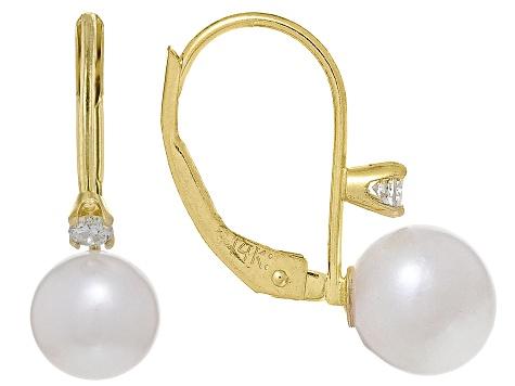 White Cultured Japanese Akoya Pearl and 0.1ctw Diamond 14k Yellow Gold Drop Earrings