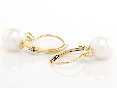 White Cultured Japanese Akoya Pearl and 0.1ctw Diamond 14k Yellow Gold Drop Earrings