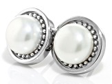 White Cultured Freshwater Pearl Rhodium Over Sterling Silver Button Stud Earrings