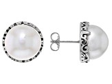 White Cultured Freshwater Pearl Rhodium Over Sterling Silver Button Stud Earrings