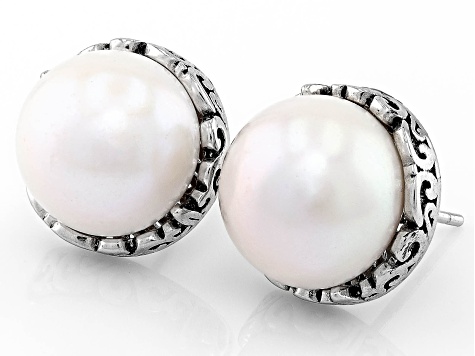 White Cultured Freshwater Pearl Rhodium Over Sterling Silver Button Stud Earrings