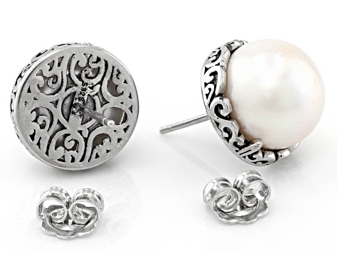 White Cultured Freshwater Pearl Rhodium Over Sterling Silver Button Stud Earrings