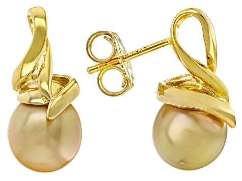 Golden Cultured South Sea Pearl 18k Yellow Gold Over Sterling Silver Drop Earrings