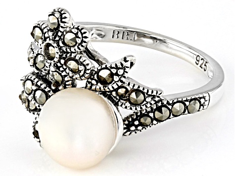 White Cultured Freshwater Pearl and Marcasite Oxidized Sterling Silver Ring