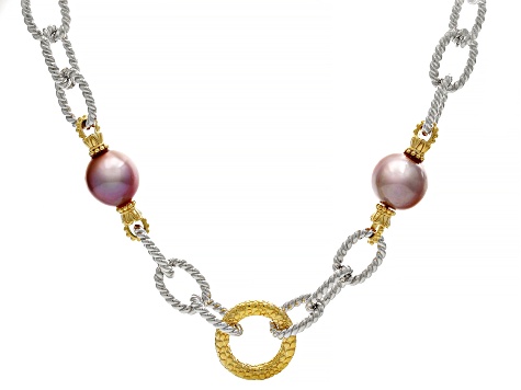 Cultured Kasumiga Pearl Rhodium and 18k Gold Over Sterling Silver Two-Tone Link Necklace