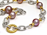 Cultured Kasumiga Pearl Rhodium and 18k Gold Over Sterling Silver Two-Tone Link Necklace