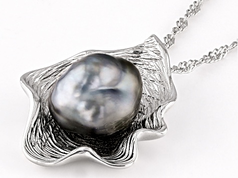 Keshi Cultured Tahitian Pearl Rhodium Over Sterling Silver Pendant with 18" Chain
