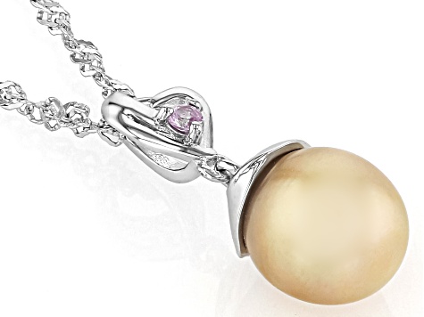 Golden Cultured South Sea Pearl and Pink Sapphire Rhodium Over Sterling Silver Pendant