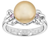 Golden Cultured South Sea Pearl and Pink Sapphire Rhodium Over Sterling Silver Ring