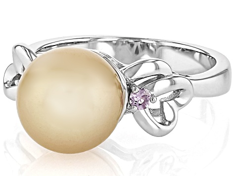 Golden Cultured South Sea Pearl and Pink Sapphire Rhodium Over Sterling Silver Ring