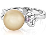 Golden Cultured South Sea Pearl and Pink Sapphire Rhodium Over Sterling Silver Ring