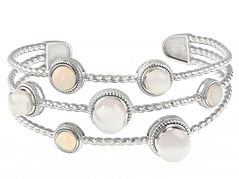 Cultured Freshwater Pearl and Ethiopian Opal Rhodium Over Sterling Silver Cuff Bracelet