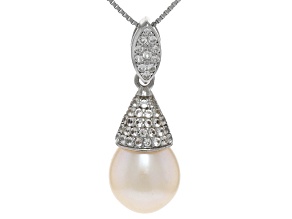 White Cultured Freshwater Pearl and Lab White Sapphire Rhodium Over Sterling Silver Pendant