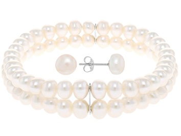 Picture of White Cultured Freshwater Pearl Rhodium Over Sterling Silver Stretch Bracelet and Stud Set