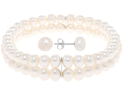 White Cultured Freshwater Pearl Rhodium Over Sterling Silver Stretch Bracelet and Stud Set