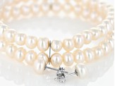 White Cultured Freshwater Pearl Rhodium Over Sterling Silver Stretch Bracelet and Stud Set